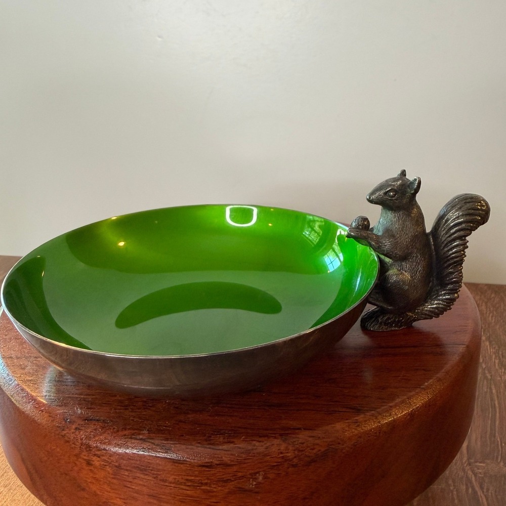 Vintage Reed and Barton 593 Green Enamel Silverplate Squirrel Nut Dish